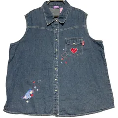 ディズニー公式 イーヨー 刺繍 デニム ベスト ノースリーブ シャツ 22W 24W 大きいサイズ 3XL 4XL 5L相当 キャラクター ヴィンテージ 古着 ゆるだぼ オーバーサイズ ハート スター 100%コットン バングラデシュ製 / IA431