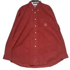 トミーヒルフィガー BDシャツ 長袖 刺繍ロゴ ボルドー L 古着 ワインレッド 臙脂 ワンポイント 90s TOMMY HILFIGER 襟裏ストライプ オーバーサイズ ビッグシルエット コットン ゆるだぼ メンズ ボタンダウン / IA429