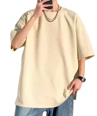 [Four leaf] Tシャツ メンズ 半袖 夏服 半袖シャツ ティーシャツ シャツ 服 おしゃれ クルーネック 快適 カットソー ストリート 夏用 ウェア 無地 エンボス加工 トップス (2XL, アイボリー) [アイボリー] [2XL]