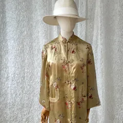 チャイナジャケット 金 シルク風 花柄 刺繍 羽織り 中華ボタン ヴィンテージ ゴールド 長袖 オリエンタル 上品 レトロ コーデ 主役アイテム