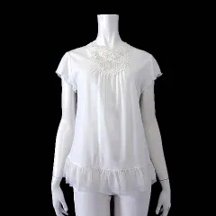ドロシー Dorothy チュニック ブラウス プルオーバー フレンチスリーブ 半袖 フリル 花柄 レース 刺繍 チュール裾 M-L 白 ホワイト 美品