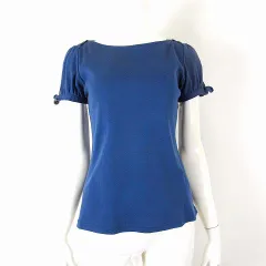 バーバリーブルーレーベル BURBERRY BLUE LABEL カットソー Tシャツ トップス リボン パフスリーブ 半袖 裏ノバチェック柄 ロゴ 刺繍 M 38 青紺 ネイビーブルー 国内正規品