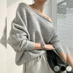 人気商品 ニット レディース トップス セーター オフショルダー アンシンメトリー 無地 スラッシュドネック おしゃれ セクシー 秋 冬 グレー ブラック ベージュ 韓国