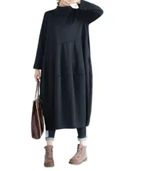 [Four leaf] 【リラックス×華奢見え】ゆったり ワンピース レディース コクーンシルエット ロング丈 コクーンワンピ ナチュラル 長袖 ゆったり チュニック 春 秋 秋冬 冬 大人 ワンピ コクーン 切り替え (JP, アルファ [ブラック] [L]