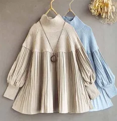 人気商品 セーター チュニック レディース ニットチュニック バルーン袖 ニット ハイネック 無地 長袖 プリーツ カットソー トップス 厚手 秋 冬 プルオーバー ゆったり