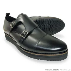 PARASHOE 本革 ダブルモンクストラップ 厚底ビジネスシューズ（ビジネススニーカー・ドレススニーカー）3E黒 27.5cm、28cm、28.5cm、29cm、29.5cm、30cm、31cm、32cm【大きいサイズ革靴・ビジカジ紳士靴オフィスカジュアル】