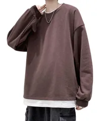 [Four leaf] メンズ トレーナー 長袖 トップス フェイクレイヤード 重ね着風 スウェット 無地 シンプル カジュアル 秋冬 おしゃれ プルオーバー コーデ 秋 冬 春 (JP, アルファベット, Free Si [ブラウン] [Free Size]