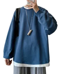 [Four leaf] メンズ トレーナー 長袖 トップス フェイクレイヤード 重ね着風 スウェット 無地 シンプル カジュアル 秋冬 おしゃれ プルオーバー コーデ 秋 冬 春 (JP, アルファベット, Free Siz [ブルー] [Free Size]