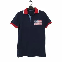 ポロ ラルフローレン POLO RALPH LAUREN ポロシャツ 半袖 鹿の子 星条旗 刺繍 ポニー ロゴ プリント カスタムスリムフィット S 紺 ネイビー 赤 レッド 国内正規品