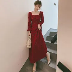 人気商品 ワンピース レディース ドレス ロング 袖付きワンピース パーティードレス ロングドレス レトロ クラシカル スクエアネック 秋 冬 春 ボルドー ワインレッド ロングワンピース