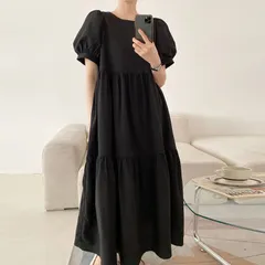 人気商品 ロングワンピース 半袖 パフスリーブ ワンピース 夏 ゆったり レディース マキシ丈 ロング丈 ワンピース バルーン袖 体型カバー 着痩せ シンプル カジュア 薄手 ルームウェア