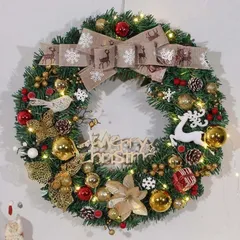 人気商品 クリスマス飾り 玄関ドア用 華やか オーナメント付 ボール リボン ledライト付 光る クリスマスリース 壁掛け 壁飾り 大人 リース ショーウィンドー