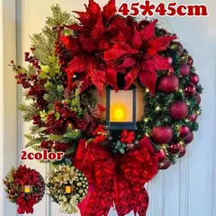人気商品 新年リース祝い クリスマスリースnew 大きいオーナメント 飾り* LEDライト玄関リース DIY ガーデン装飾籐 松の葉 人工のもみの葉のサムネイル