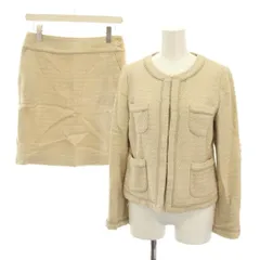 グリーンレーベルリラクシング ユナイテッドアローズ green label relaxing スーツ セットアップ 上下 ノーカラージャケット ミニスカート 38 ベージュ ツイード /YM ■GY49