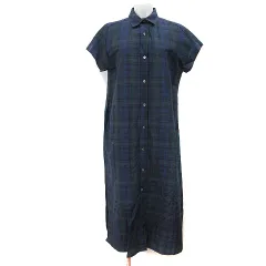 フォークアンドスプーン FORK&SPOON シャツワンピース ロング 半袖 総柄 麻 リネン ONE 紺 ネイビー 緑 グリーン /YI