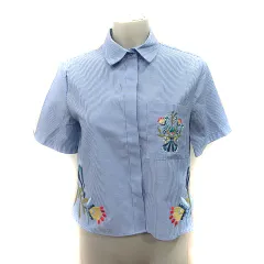 ザラ ベーシック ZARA BASIC シャツ ブラウス ストライプ 半袖 刺繍 紺 ネイビー /YI