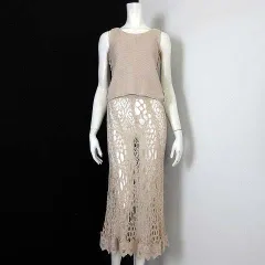 ノリコアラキ noriko araki 上下セットアップ サマーニット トップス 透かし編み 切替 ノースリーブ スカート 透かし編み スカラップヘム ロング S ピンクベージュ