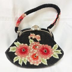 ビーズバッグ 手刺繍 花柄 総ビーズ 和装 がま口 昭和レトロ 送料込