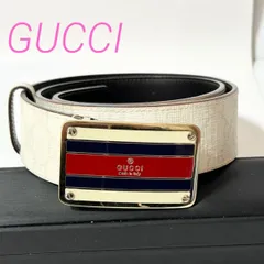 GUCCI トリコロールライン Mサイズ 85/34 インターロッキング ロゴプレート エナメルライン レザーベルト アイボリー B0594040R