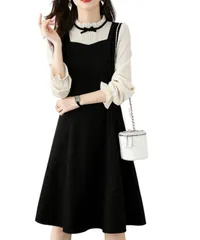 [Four leaf] 【姫系×かわいい】 レース 切り替え ドッキングワンピース ワンピース レディース ドレス 長袖 Aライン フリル パフスリープ 膝丈 秋冬 春 秋 冬 バイカラー 秋服 冬服 秋物 ハイウエスト コーデュロイ ( [ブラック] [L]