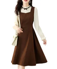 [Four leaf] 【姫系×かわいい】 レース 切り替え ドッキングワンピース ワンピース レディース ドレス 長袖 Aライン フリル パフスリープ 膝丈 秋冬 春 秋 冬 バイカラー 秋服 冬服 秋物 ハイウエスト コーデュロイ  [ブラウン] [XL]