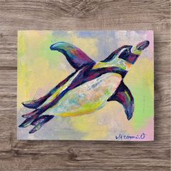 カラフルなウミガメの原画 27.3×22cmキャンバス 絵画 現代アート