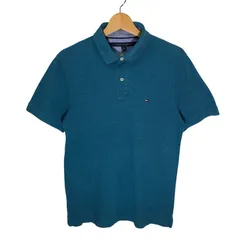 TOMMY HILFIGER トミーヒルフィガー ワンポイントロゴ刺繡 半袖 ポロシャツ カンボジア製 Mサイズ ターコイズブルー