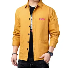 [Four leaf] おしゃれ ワークシャツ メンズ 長袖 トップス 大きいサイズ 春 秋 冬 カジュアル アウター シャツ シンプル 襟付き ダブルポケット 無地 綿 コットン 100 (3XL, 黄) [イエロー] [3XL]