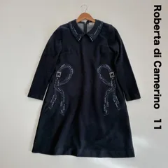 Roberta di Camerino ロベルタ・ディ・カメリーノ☆ラインストーンきらきら襟ありAラインワンピース 長袖 ネイビー 11号のサムネイル