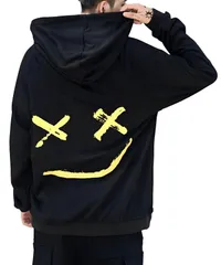 [Four leaf] 【薄手で裏起毛】 パーカー メンズ プルオーバー バイカラー 裏起毛 秋 冬 春 秋冬 スマイル 長袖 フード付き トレーナー プリント カジュアル アシンメトリー スウェット 薄手 軽量 (M, 黒) [ブラック] [M]