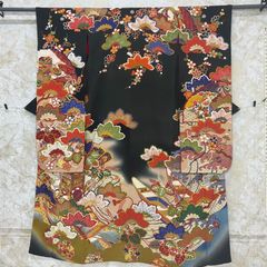 アンティーク 引き振袖 お引きずり 墨黒 御所車 松 金駒刺繍身丈162.0 