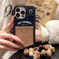 デニムポケット風 レオパード柄ファーボール チェーン付き iPhoneケース カード収納 ストラップ付き iPhone17/16 Pro Max/15/14 Pro/13対応 スマホケース