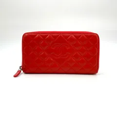 CHANEL ココマーク マトラッセ ラウンドファスナー シリアル番号18番台 ラムスキン レッド 長財布 シルバー