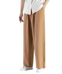 [Four leaf] 綿麻 天然素材 ゆったり 涼しい ワイドパンツ メンズ イージーパンツ 長ズボン ワイドシルエット ウェスト紐 無地 リラックス 部屋着 ズボン 大きいサイズ (M, 茶) [ブラウン] [M]