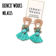 ★1セット限定 ＼個性的／タッセルピアス ピンクベージュ エメラルドグリーン 一点物 大ぶり【イヤリングへ変更可能】 A115