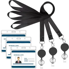【在庫処分】横型 IDカードホルダー 各3個入り 伸縮リール 首掛けストラップ (黒い) ネックストラップ YOUOWO