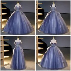 ロングドレス オフショルダー パーティードレス ステージドレス レディース 声楽 独唱 演奏会 発表会 司会用 舞台衣装 華やか エレガント 半袖 編み上げ 中腰 Aライン ロング丈 ふんわり ボリューム感 ベアトップデザイン ラウンドネック SY新作限定のサムネイル