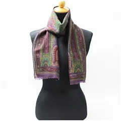 エトロ ウール シルク 長方形ストール スカーフ グリーン パープル 中古 Aランク ETRO レディース 女性用