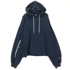 Champion チャンピオン ワンポイントロゴ 長袖 裾カットオフ風 ボリューム袖 スウェットパーカー L ネイビー レディース 古着