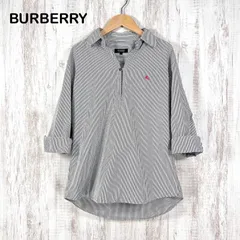 BURBERRY BLACK LABEL バーバリーブラックレーベル ホースロゴ刺繡 ストライプ 総柄 スキッパー 開襟 七分袖 シャツ チュニック グレー レディース トップス