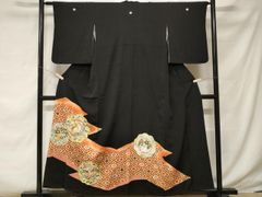 美品 黒留袖 袋帯 末広 帯締め 5点 フルセット 駒刺繍 菱天井花文