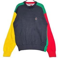 トミーヒルフィガー 90s マルチカラー コットンニット セーター M 紺 緑 赤 黄 クレイジーパターン 刺繍ロゴ TOMMY HILFIGER 古着 ヴィンテージ 希少 レア 配色 デザインニット メンズ レディース ユニセックス / IA462
