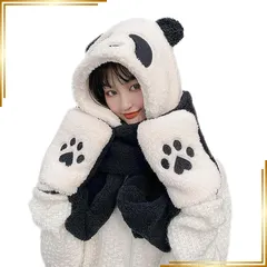 【新品】 [IPENNYE] アニマル帽子 マフラー 手袋 帽子 レディース ふわふわ フード付マフラー スカーフ ミトン 耳付き パンダちゃん もこもこ ボア あったか お出かけ 女の子 彼女 誕生日 クリスマス 新年 プレゼント 写真撮る 防寒対策 秋 0