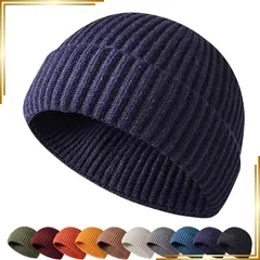 【新品】 [M2Ma] [限定ブランド] ニット帽 メンズ ビーニー 厚手 リブ編み ニット帽子メンズ レディース 兼用 フリーサイズ 良質レーヨン使用 高伸縮 軽量 ニット インナーキャップ 付き (ネイビー, Low：浅め) 1