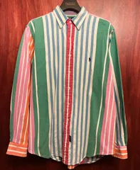 レア MADE IN CANADA製 90s Polo by Ralph Lauren 外タグ クレイジーカラー ストライプ柄 長袖ボタンダウンシャツ マルチカラー Lサイズ