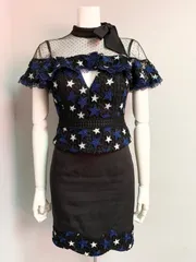 1299 an アン アンディ キャバクラ ドレス セットアップ セットアップドレス 星刺繍 ドットシースルー リボン タイト ミニ フリル キャバドレス S