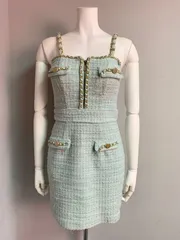 1304 an アン アンディ キャバクラ ドレス ミニ ツイードラメ チェーンストラップ キャバ タイト キャバドレス S