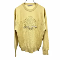 古着 ベイヒル クラシック ニット セーター ダイヤチェック×シェブロン×ケーブル 刺繍 長袖 丸首 ニューウール100% M イエロー 黄 メンズ