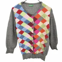 古着 UNITED COLORS OF BENETTON ニット カーディガン ダイヤチェック 7分袖 毛×ナイロン S ヘザーグレー 杢グレー×マルチカラー レディース