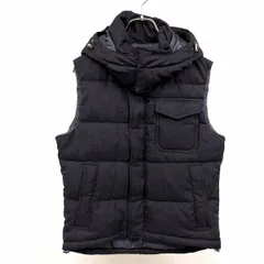 古着 UNION STATION - S メンズ 中綿 ベスト ノースリーブ ジャケット ヘリンボーン ドットボタン×ダブルジップ ポリ×ダウン×フェザー 紺